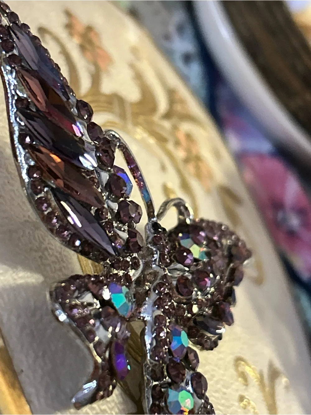 Large Purple Crystal Butterfly Brooch silver tone Unbranded AB accents
